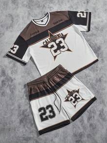 Manfinity ZONE917 Set bărbătesc cu tricou și pantaloni scurți cu decolteu în V, la modă pentru ținute de vară, format din 2 piese - Multicolor - Vizualizare 1