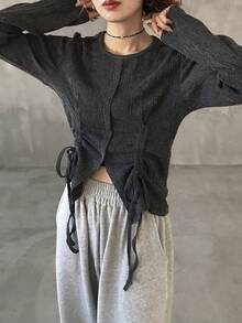 FRIFUL Women's Round Neck Cinched Waist Drawstring Hem Fitted Bowknot Drawstring Textured Fabric Decor T-Shirt, Spring To Summer Clothing - Black - View 2