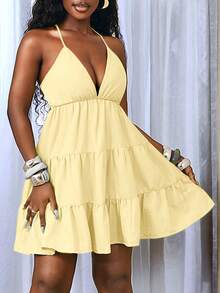 BamGleam Women's Vacation Solid Color Ruffle Hem Sexy Halter Backless Tie Strap Dress - Light Yellow - View 7