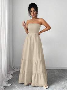 Rafferiza INS风女士露肩休闲度假连衣裙，夏季 - 卡其色 - 查看 3