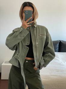 DAZY Women's Stand Collar Open Front Casual Zip-Up Denim Jacket With Multiple Pockets Y2k - Army Green - View 7