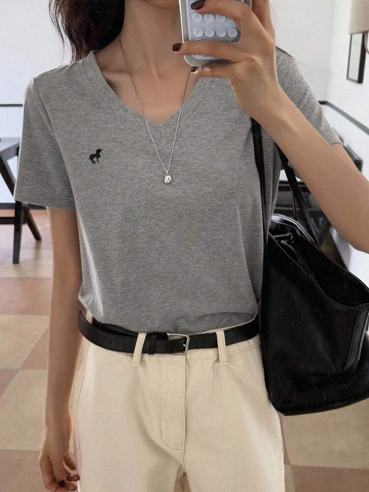 Women's V-Neck Short Sleeve Casual T-Shirt With Embroidery Decor, Versatile & Loose Fit, Summer