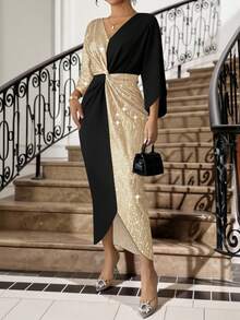 SHEIN Lady 大码女士优雅派对鸡尾酒会V领亮片拼接紧身连衣裙 - 金色 - 查看 3