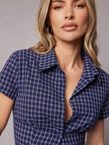 Hauture Blusa de manga corta con corte slim y estampado de cuadros de moda para mujer - Azul y blanco - Ver 2