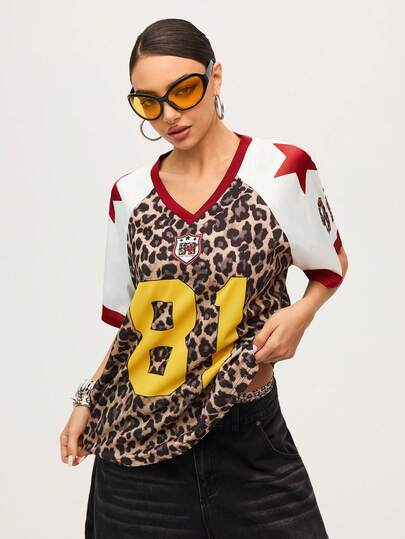 MTV | SHEIN Women's Casual Leopard Print Patchwork V-Neck Numeric Print Short Sleeve T-Shirt, Summer
