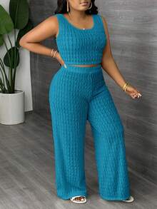 SHEIN Slayr 大码修身纯白色长款休闲背心和阔腿裤两件套，春夏款 - 水鴨藍 - 查看 2