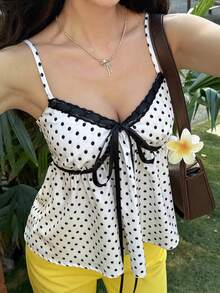 Livesso Áo hai dây cổ chữ V chấm bi ren buộc dây dành cho nữ, trang phục nghỉ hè. - Đen và trắng - Xem 4