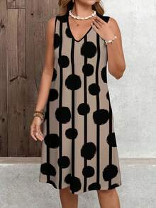 EMERY ROSE 大码女式无袖几何印花连衣裙，V领优雅吊带裙，时尚夏季连衣裙，沙滩或度假风格 - 彩色 - 查看 3