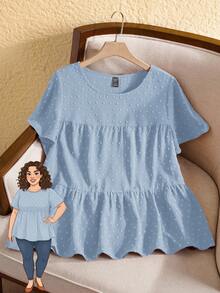 Rusticease Blus Peplum Panjang Ukuran Plus Warna Biru Muda dari Kain Tenun dengan Lengan Pendek Bergelombang dan Hem Berkerut untuk Wanita Ukuran Plus - Baby Blue - View 1