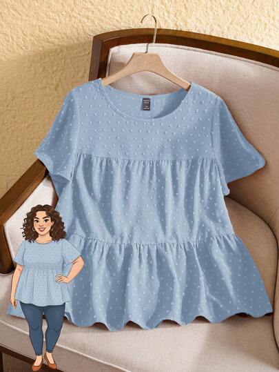 Rusticease 大码女式纯色圆领荷叶边短袖宽松衬衫，波西米亚风/夏季女装，西式女装，度假装