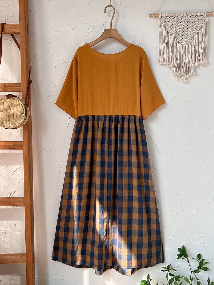 Plus Size Vintage Country Style Ripped Waist Dual Pocket Long Dress, Spring/Summer/ Vacation  Summer Dress  Summer Outfits Summer Clothes Spring Dress Spring Outfit Women Spring Clothing Country Style For Women Country Dress For Women