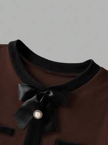 SHEIN MOD Women's Elegant Dark Brown Autumn Dress,Contrast Trim Pearl Button Decor Bow Tie Waist Fitted Long Sleeve Coffee Brown Tea Party Dresses For Women - Coffee Brown - View 3