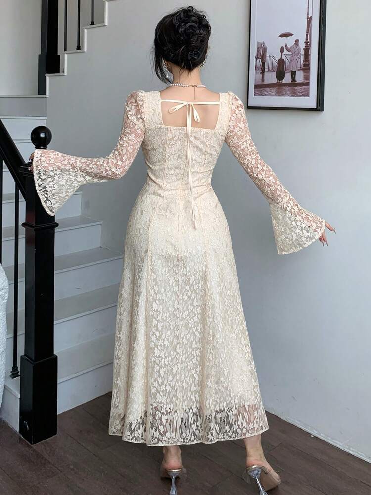 High-End French Style Square Collar Flare Sleeve Waist Cinched Hollow Lace Dress For Women Sundress