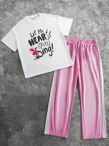 SHEIN Trolls Men's Casual Cartoon Slogan Graphic Short Sleeve T-Shirt And Contrast Striped Side Drawstring Waist Wide Leg Pants Set, Suitable For Spring, Summer, Autumn - White - View 1