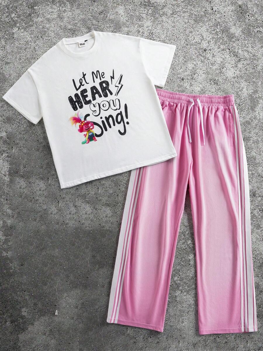 SHEIN Trolls Men's Casual Cartoon Slogan Graphic Short Sleeve T-Shirt And Contrast Striped Side Drawstring Waist Wide Leg Pants Set, Suitable For Spring, Summer, Autumn - White - View 1
