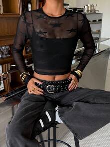 SHEIN EZwear Áo thun dài tay cổ tròn phối lưới thời trang đa năng dành cho nữ, thích hợp cho buổi hẹn hò hoặc buổi tối. - màu đen - Xem 4