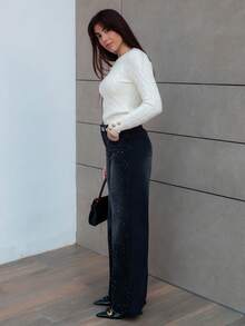 Hitanina 复古性感修身洗水钻缀饰阔腿牛仔裤 牛仔裤 闪光牛仔裤 水钻牛仔裤 - 黑色 - 查看 5