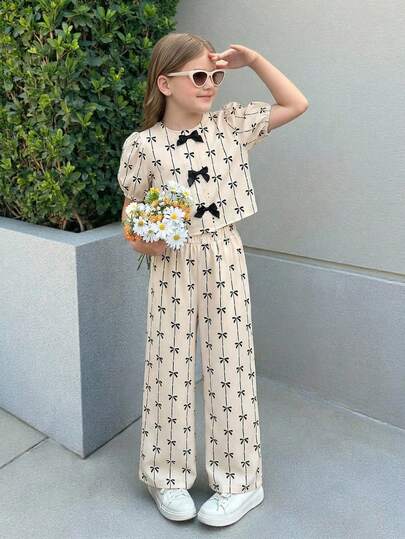 SHEIN Tween Girls Bow Print Casual Fashionable Round Neck Bubble Sleeve Top And Pants Set