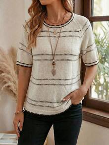 EMERY ROSE Commuting Chic Versatile Striped Round Neck Raglan Sleeve Top - Beige - View 1