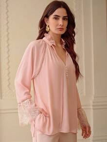 ZEYLAH Bộ đồ 2 mảnh thanh lịch dành cho nữ, gồm áo tay dài phối ren tương phản, cổ bèo nhún và quần dài, thích hợp cho mùa xuân/hè. - Hồng - Xem 4