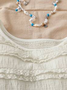 SHEIN Clasi 大码女式短袖蕾丝上衣，褶皱设计，修身剪裁，百搭夏季T恤 - 米色 - 查看 3