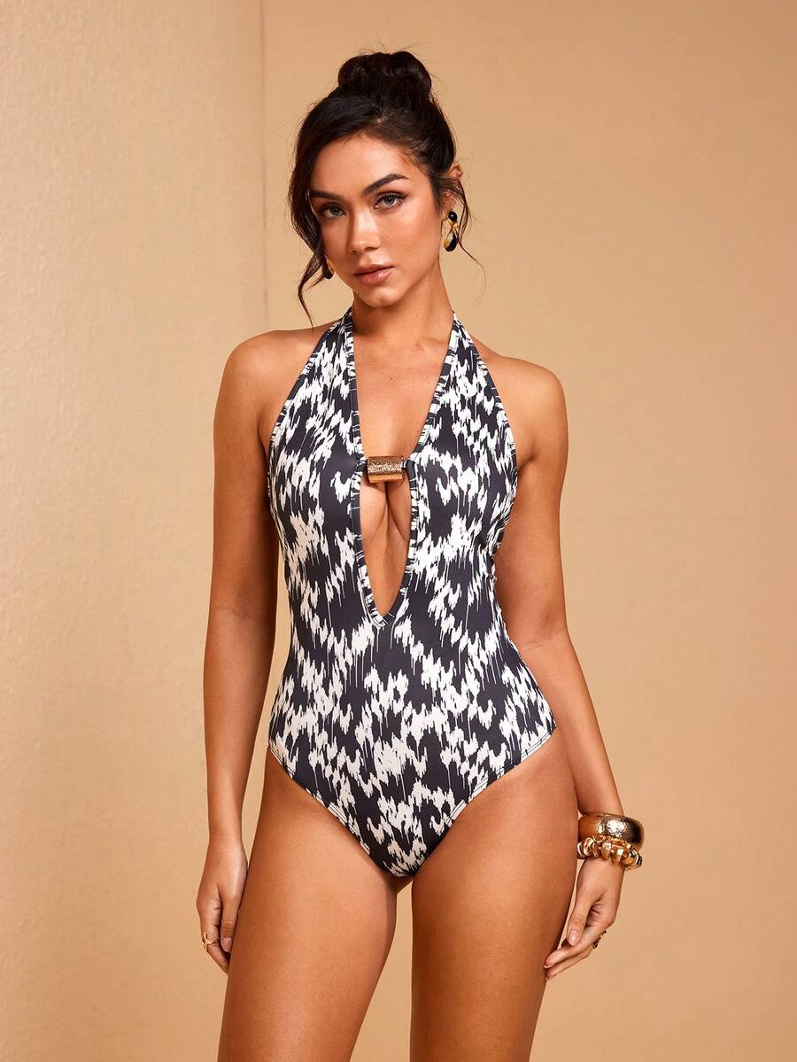 JIAN LASALA Mono informal de mujer con cuello halter, escote en V, espalda con detalle metálico y estampado total para vacaciones - Multicolor - Ver 1