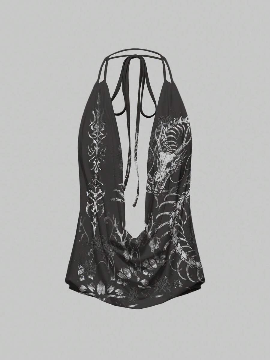 ROMWE Grunge Punk 朋克风荆棘龙头骨暗黑火焰性感摇滚露背系带吊带背心（女款） - 灰色 - 查看 1