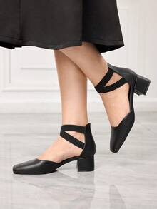 Sleekvia Giày nữ mũi tròn, gót dày, màu đen, kiểu dáng thời trang, khoét rỗng, quai co giãn, thanh lịch, đa năng, thoải mái, phù hợp cho công sở. - Than chì đen - Xem 3