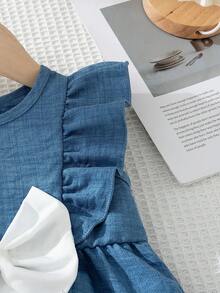 1pc Baby Girls' Summer New Round Neck Ruffle Front White Bow Decor Simple Versatile  Design Casual Cute Dress - Blue - View 4