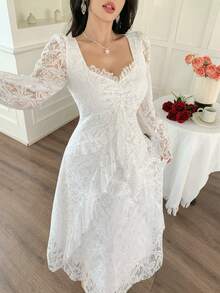 DAZY Đầm ren xếp ly tay phồng, eo thon, dài ngang gối cho nữ, đầm dự tiệc cưới, đầm hè cho nữ. - Màu be - Xem 8