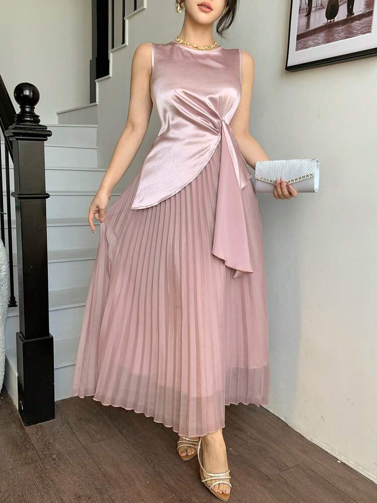 Mid-Calf Length Round Neck Pleated Dress, Suitable For Wedding Guests And Party Wedding Guest Dress Maxi Dress Sundress