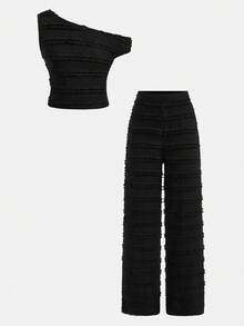 Firerie Kids Firerie Kids 少女春夏柔软质感不对称肩部T恤+裤子两件套，休闲时尚，百搭，适合派对、郊游、姐妹合影、公园、露营、度假、日常穿着 - 黑色 - 查看 2