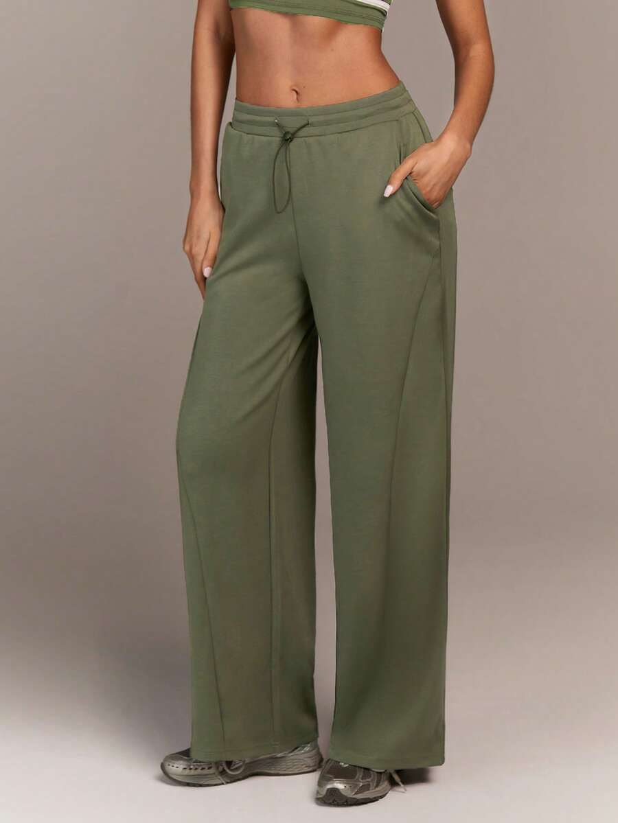 Menodora SHEIN Sport Women's Solid Color Drawstring Waist Pockets Wide Leg Loose Casual Sweatpants - Army Green - View 1
