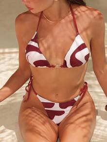 SHEIN Swim Chicsea 26SS 优雅棕色波浪纹比基尼套装，适合海滩度假穿着，春夏款 - 彩色 - 查看 4