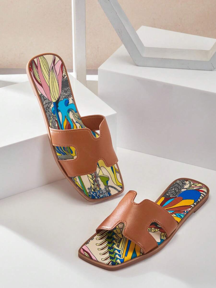 SHUZIA 女士时尚休闲方头一脚蹬舒适平底凉鞋夏季鞋春季鞋春假复活节度假鞋休闲鞋沙滩鞋 - 駝色 - 查看 1