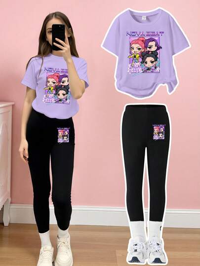 2pcs/Set KPOP Graphic Print Top, Tween Girl Crew Neck Sweatshirt And Leggings Set, Fashionable Casual, Suitable For Autumn/Winte