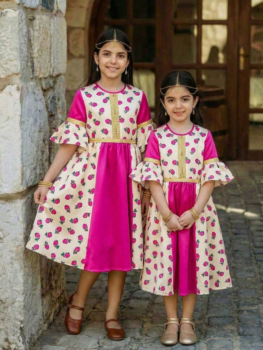 Tween Girl Pink Floral Autumn Elegant Party Dress,Round Neck Gold Ribbon Contrast Burgundy Rose Modest Arabic Traditional Clothing Abaya Patchwork - Multicolor - View 1