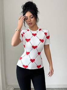 Elenzga Áo thun ngắn tay ôm dáng in hình trái tim dành cho nữ, kiểu dáng thường ngày, thích hợp cho mùa hè. - trắng - Xem 5