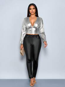 SOLERSUN Women's Daily Elegant Deep V-Neck Slim Fit Shirt Crop Top Daily Casual Gathering Simple Going Out Women's Autumn Top Spring And Summer - Silver - View 3