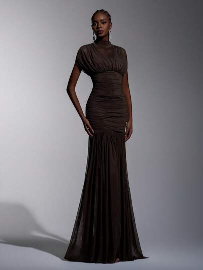 Elitara Elegant Luxurious Stretchy Knit Ruched Sleeve Mermaid Hem Dress, Suitable For Weddings, Parties, Vacations, Galas, And Formal Events