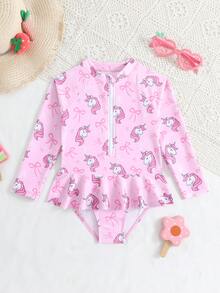 1件女童独角兽印花可爱连衣裙，弹力速干舒适针织面料，少女连体泳衣，适合海滩、泳池、冲浪、度假、夏季旅行 - 粉色 - 查看 3