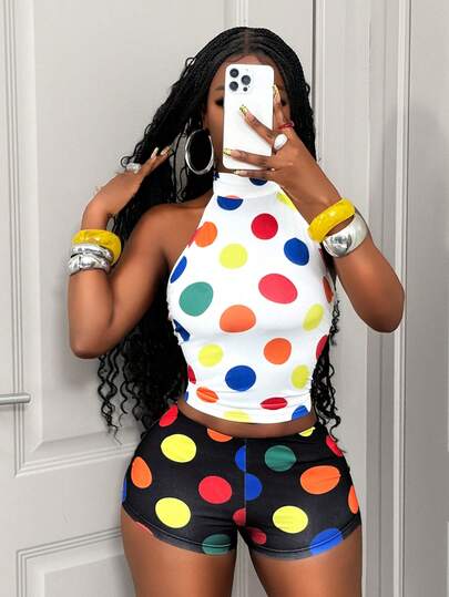 BamGleam High Neck Sleeveless Fitted Backless Tie-Up Polka Dot 2 Pieces Set , Summer Outfits , Summer Tops , Summer Clothes, Summer Holiday Outfits  , Summer Outfits For Women , Summer Outfit For Women ,Spring  , Spring Outfit Women  , Spring Break Outfits  , Spring Clothing  , Spring Outfit  , Spring Clothes  Spring Women , Spring Clothes Women, Vacation Outfits Women, Holiday Outfits For Women, Summer Holiday Outfits , Vacation Outfits For Women  Vacation , Holiday, Holiday Outfits , Summer Vacation Outfits , Beach Vacation Outfits For Women