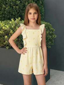 SHEIN Bộ áo liền quần dáng rộng kẻ sọc cổ vuông tay ngắn cho bé gái tuổi teen, thích hợp cho kỳ nghỉ. - Màu vàng - Xem 6