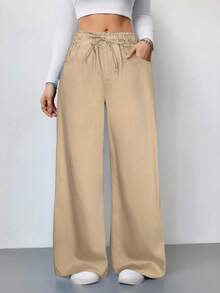 SHEIN Tall 女士休闲高腰阔腿牛仔裤 蓝色女士牛仔裤 女士夏季服装 松紧腰牛仔裤 休闲宽松直筒牛仔裤 - 卡其色 - 查看 6