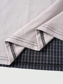 ROMWE MEN Prep Áo polo nam tay ngắn kẻ caro ghép mảnh in chữ và số, kiểu dáng thường ngày, đa năng, phù hợp đi làm. - Màu be - Xem 8