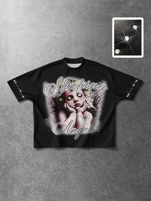 ROMWE MEN 男士圆领天使字母印花水钻休闲日常短袖T恤 - 黑色 - 查看 3