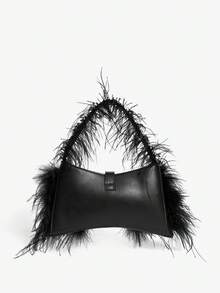 Viva Strut 女士单肩包、流浪包、手提包、仿毛皮、毛绒、皮草、黑色、PU材质、黑色包包、时尚、个性化、简约、百搭、街头风、甜美酷女孩、辣妹、Y2K、复古、铆钉、复古 - 黑色 - 查看 4