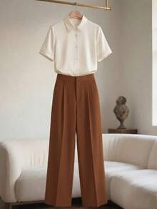 Franclia Women's Casual Commuter Short Sleeve Shirt And Pants 2 Pieces Set - Apricot - View 3