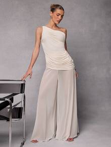 Hauture Women's One Shoulder Ruched Drapery Simple Elegant Sexy Jersey Daily Going Out Top - Apricot - View 3