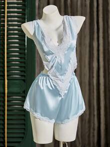 性感V领蕾丝拼接A字短裤，蓝色露背侧系蝴蝶结连体睡衣 - 藍色 - 查看 7